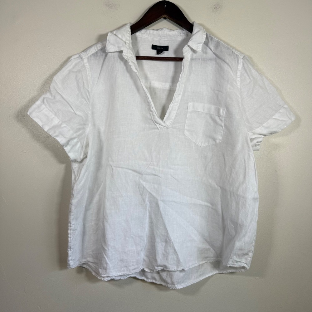 J.Crew Relaxed Short Sleeve Linen V-Neck Pocket Top Size Large White